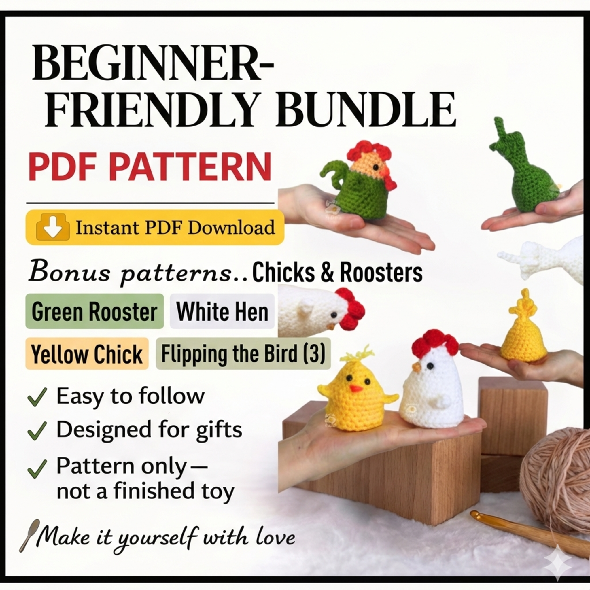 PATTERN BUNDLE Rooster/Hen/Chick version of the Flip, the bird, Crochet Pattern