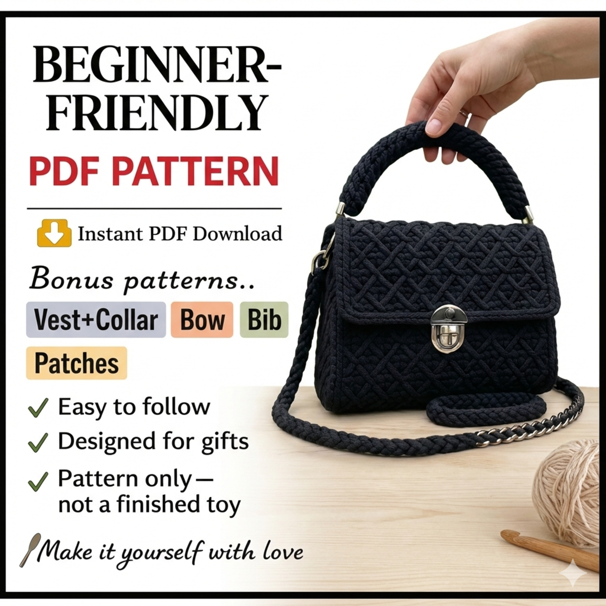 Crochet Bag Pattern: Elegant T-Shirt Yarn Purse with Flower (PDF Pattern)