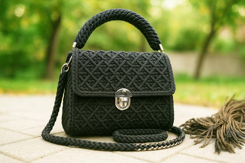 Crochet Bag Pattern: Elegant T-Shirt Yarn Purse with Flower (PDF Pattern)